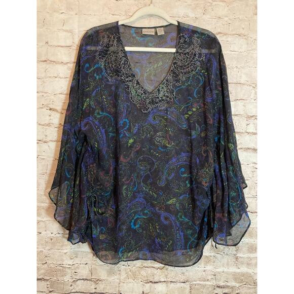 Chico's Tops - Chico's Silk Kimono Top Womens Large Paisley Beaded Dark Romantic Sheer